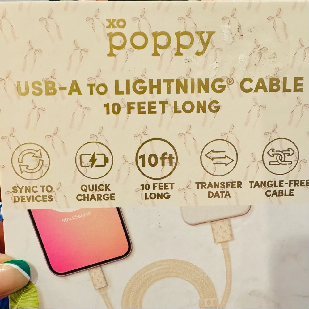 🎀NIB iPhone iPad iPod USB-A to Lightning Cable, 10 feet long, pink bow 🎀 design